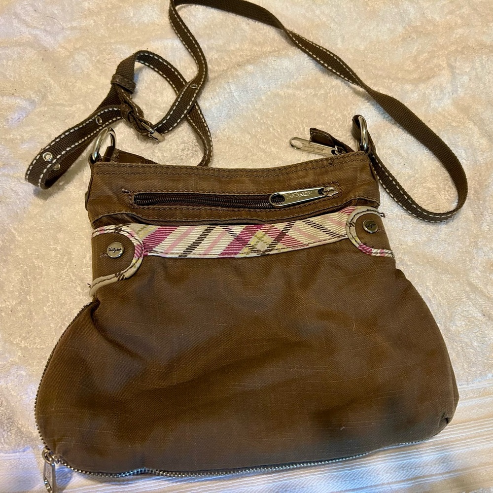 Thirty-One Brown Crossbody Bag with Plaid Accents